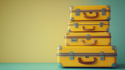 Three yellow suitcases stacked on muted yellow backdrop with large empty area on left, summer travel concept