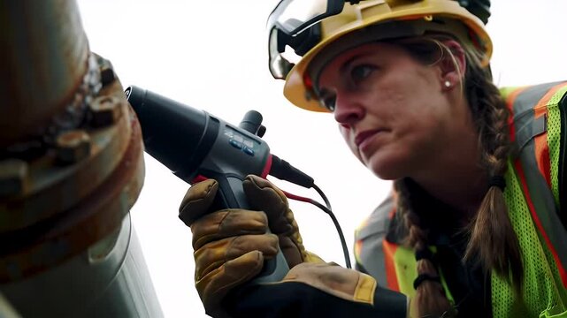 Worker Uses Advanced Device to Inspect Metal Pipe Flawlessly Outdoors