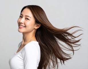 長い髪をなびかせるヘアモデルの女性　横顔　笑顔