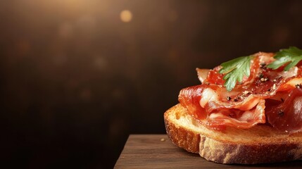 A tantalizing image of gourmet toast topped with savory cured meats, beautifully presented on a wooden surface, evoking appetites and the art of culinary presentation.