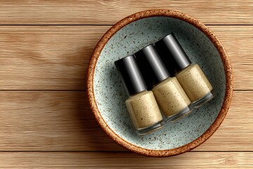 Fototapeta premium Three Nail Polish Bottles Mockups Resting Inside A Shallow Ceramic Bowl. All Bottles Are Blank, Capped, And Slightly Angled For A Relaxed Aesthetic. The Bowl Sits On A Warm-Toned Wooden Table With S