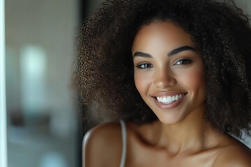 Happy young woman looking at herself in the mirror, admiring her progress with weight loss and diet results., Generative AI