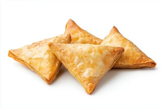 Crispy bourek triangle pastries filled with seasoned potato, isolated on a bright white background for an appealing food presentation