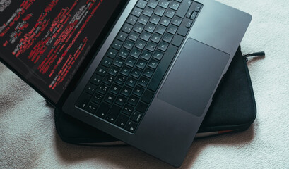 Alert of virus attack on laptop screen. malicious software infection on computer. cyber security awareness. protect business information from threat attacks.