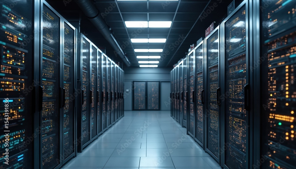 Poster server room with rows of modern servers. data center interior. high-tech tech concept about cloud co