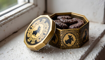 Chocolate cookies in decorative hexagonal tin box on windowsill  