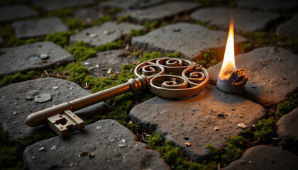 Antique key resting on cobblestones next to a burning candle  
