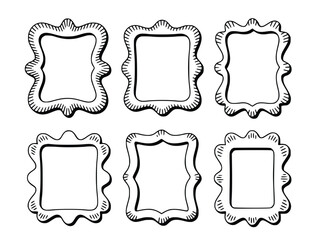 Fototapeta premium Black outline drawing featuring six decorative frames on a white background, useful as graphic elements or design templates, silhouette