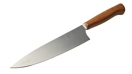 Professional stainless steel chef knife with sharp blade and ergonomic handle, isolated on transparent background—perfect for culinary designs, food prep visuals, and kitchen branding.

