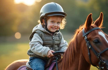 Fototapete Rund Smiling child with special needs rides horse. Therapy equine treatment for disabled kids. Hippotherapy for kids improves movement. Outdoor activity, equestrian sport lesson. © Maryna