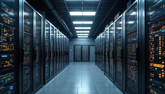 Server room with rows of modern servers. Data center interior. High-tech tech concept about cloud computing, data storage. Digital information technology. Network infrastructure. Cyber security.