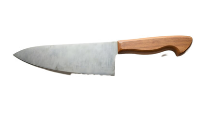 Professional stainless steel chef knife with sharp blade and ergonomic handle, isolated on transparent background—perfect for culinary designs, food prep visuals, and kitchen branding.

