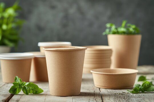 Eco-friendly paper food containers arranged neatly on rustic table, takeaway concept