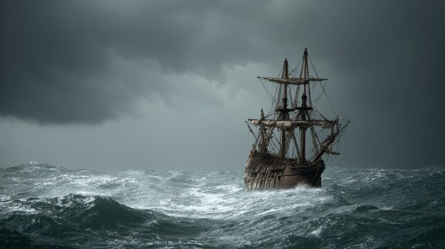 An old wooden sailing ship battles rough waves under dark, stormy skies on the open sea