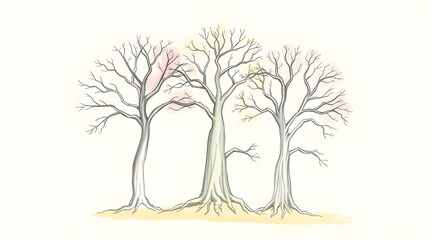 Obraz premium Three leafless trees stand side by side, each with intricate branches extending outward against a light background. Subtle hints of color appear on some branches, suggesting an artistic touch.