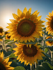 Fototapeta premium Close-up of sunflower center in sharp focus glowing under bright summer sky with blurred petals and background suggesting vibrant life and warmth this composition uses rich yellow