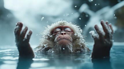 A tranquil monkey enjoys the warmth of a hot spring, surrounded by falling snow, embodying the beauty of nature and the peacefulness found in winter's embrace.