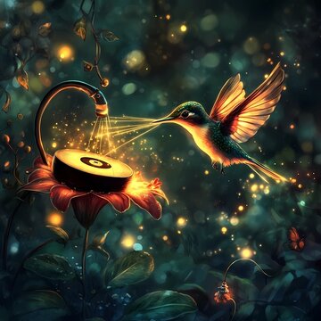 Enchanted Hummingbird with Violin Tail Perched on a Gramophone Flower &ndash; Magical Fantasy Scene