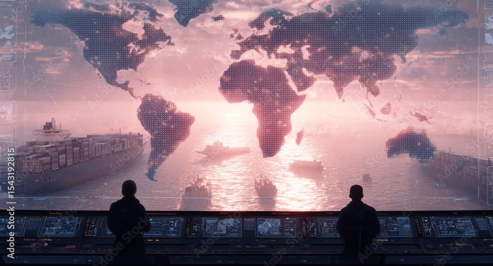 Poster Navigators monitor an advanced autopilot system while overseeing cargo transport operations. The illuminated world map displays global tracking and routes during a serene sunset on the horizon.