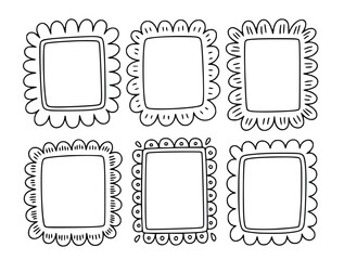 A playful arrangement of doodle frames and borders offers charming design elements in various shapes and sizes, silhouette