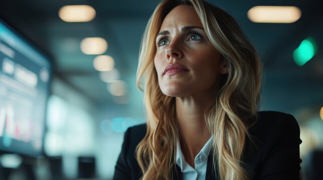 A confident woman gazes thoughtfully into the distance, showcasing determination and professionalism in a sleek, modern workplace environment filled with technology. - Powered by Adobe