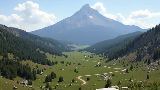 Lush Green Valley with Winding River and Sunlight