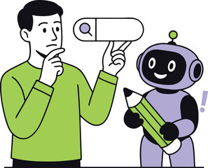 Search AI Concept: Man and Robot with Search Bar Vector Illustration