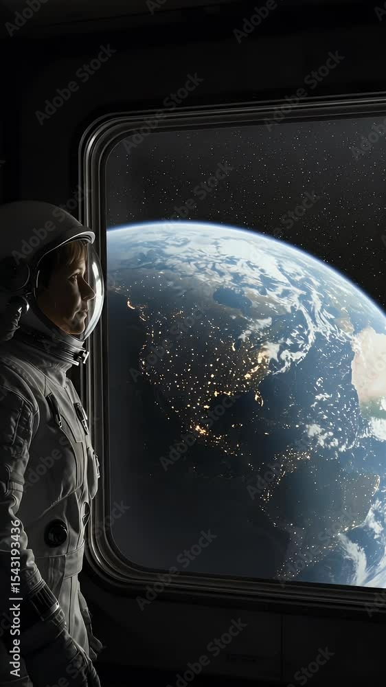 Poster realistic astronaut in spacesuit viewing earth from space station