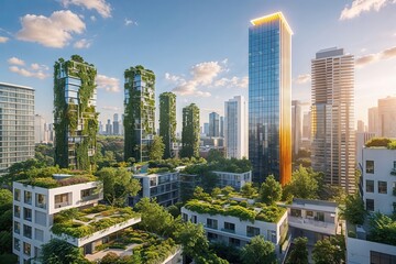 Obraz premium Eco-Friendly Urban Design with Green Buildings and Vibrant Skyscrapers