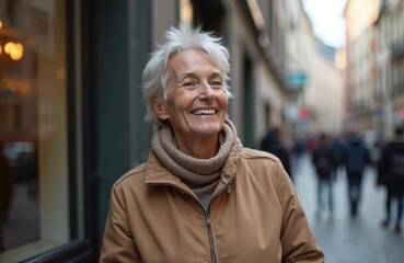 European senior woman smiles on blurred street background. Grey-haired lady in brown jacket enjoys day. Happy, mature, beautiful, charming face. Elegant, modern, stylish female in urban environment.