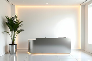 Elegant reception area with modern design elements and sleek white surfaces creating a professional and welcoming atmosphere