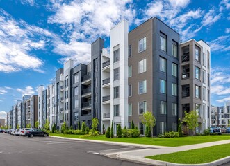 Obraz premium Modern new residential complex with a parking lot, featuring gray, white, and blue colors. On the right side of the building, there is a green lawn. The photo was taken from the outside, using a wide-