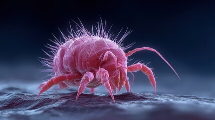 Ultra-realistic 3D render of a dust mite under microscope, showing detailed anatomy and surface texture for medical, allergy awareness, and educational purposes