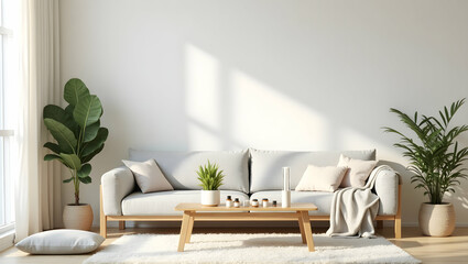 Elegant Scandinavian Living Room with Creamy Sofa Plants and Natural Light Creating a Cozy and Inviting Interior Space