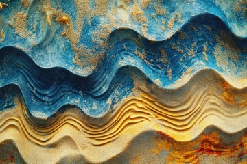 Fototapeta premium Abstract wavy sand texture in blue and gold tones, creating a mesmerizing visual pattern.