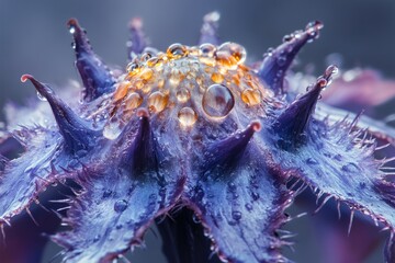 Close-up of a unique purple flower covered in glistening water droplets, showcasing intricate details and vibrant colors.