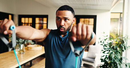 Fitness, man and resistance band for exercise in home, strength and breathing for power. Equipment,...