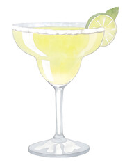 Watercolor margarita cocktail with lime on transparent background.