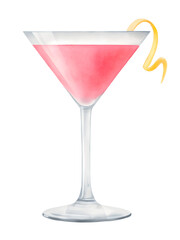 Watercolor pink cocktail with lemon twist on transparent background.