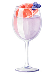 Watercolor cocktail with grapefruit and blueberries on transparent background.