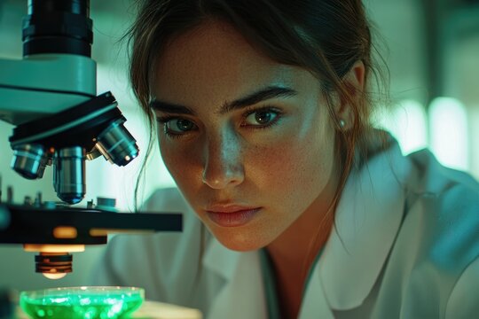 A focused female scientist intently examines a sample under a microscope in a laboratory setting.