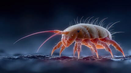 Ultra-realistic 3D render of a dust mite under microscope, showing detailed anatomy and surface texture for medical, allergy awareness, and educational purposes