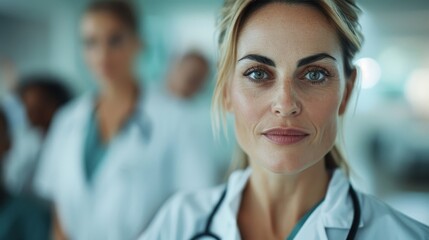 A determined healthcare professional stands in focus, portraying strength and dedication amidst a bustling hospital environment, emphasizing compassion and care for patients.