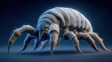 Ultra-realistic 3D render of a dust mite under microscope, showing detailed anatomy and surface texture for medical, allergy awareness, and educational purposes