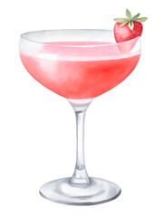 Watercolor illustration of a strawberry cocktail on transparent background.