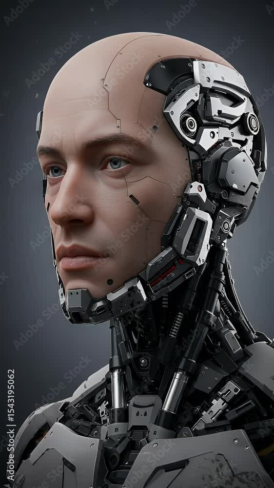 Poster realistic cyborg man robot with artificial intelligence bionic head