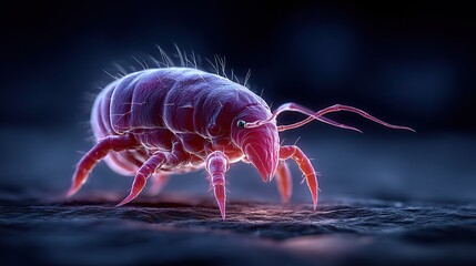 Ultra-realistic 3D render of a dust mite under microscope, showing detailed anatomy and surface texture for medical, allergy awareness, and educational purposes