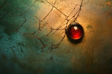 A red orb rests on a cracked, metallic surface with a web-like pattern.