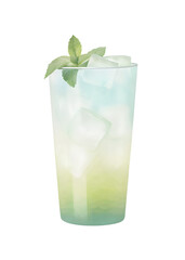 Watercolor cocktail with mint garnish on transparent background.