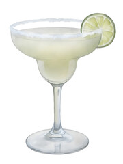 Watercolor margarita cocktail with lime slice on transparent background.